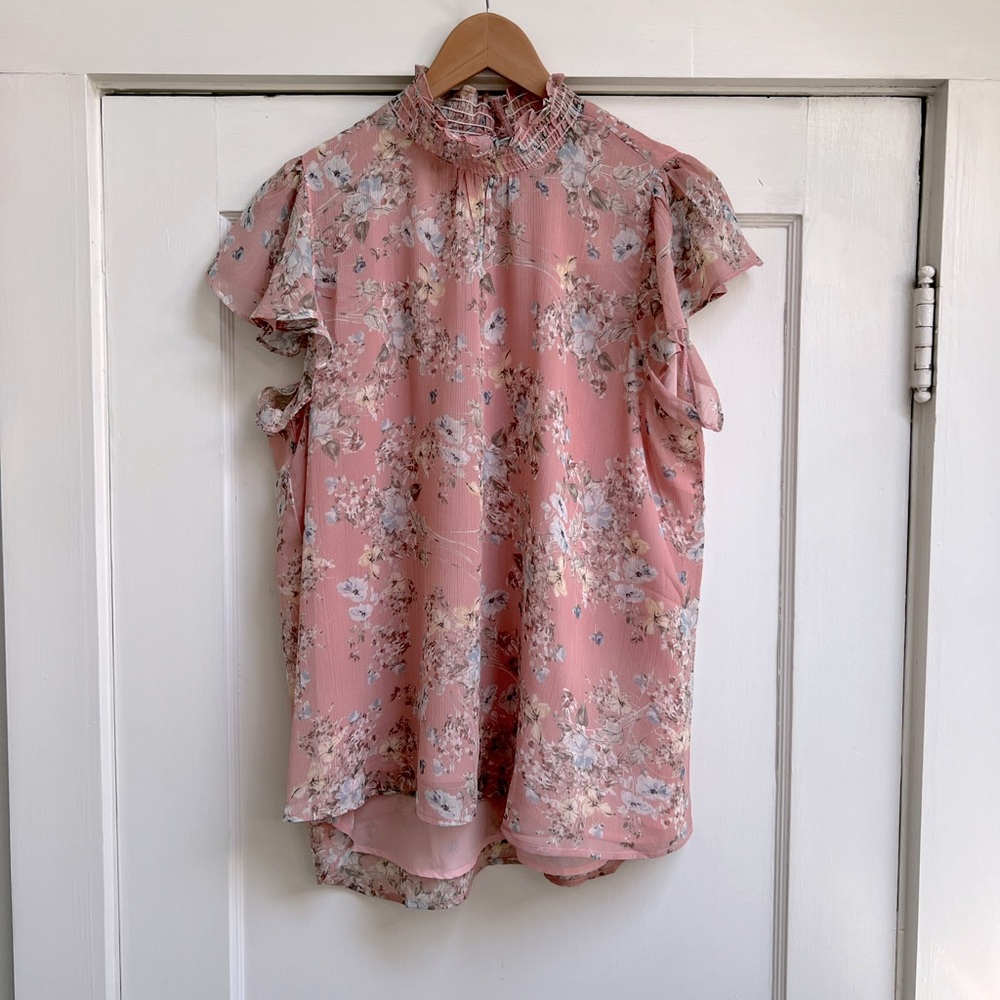Flutter sleeve mock neck floral top